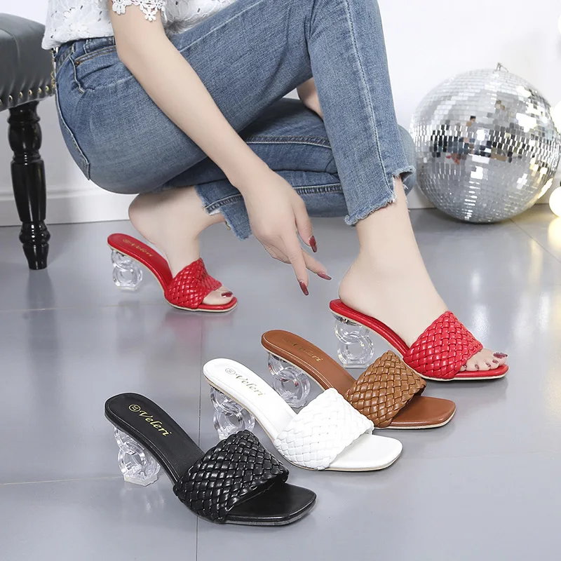 Transparent Strange High Heels Sandals Women Summer 2022 New Plus Size Weave Female Slippers Fashion Open Toe Slides Woman Shoes