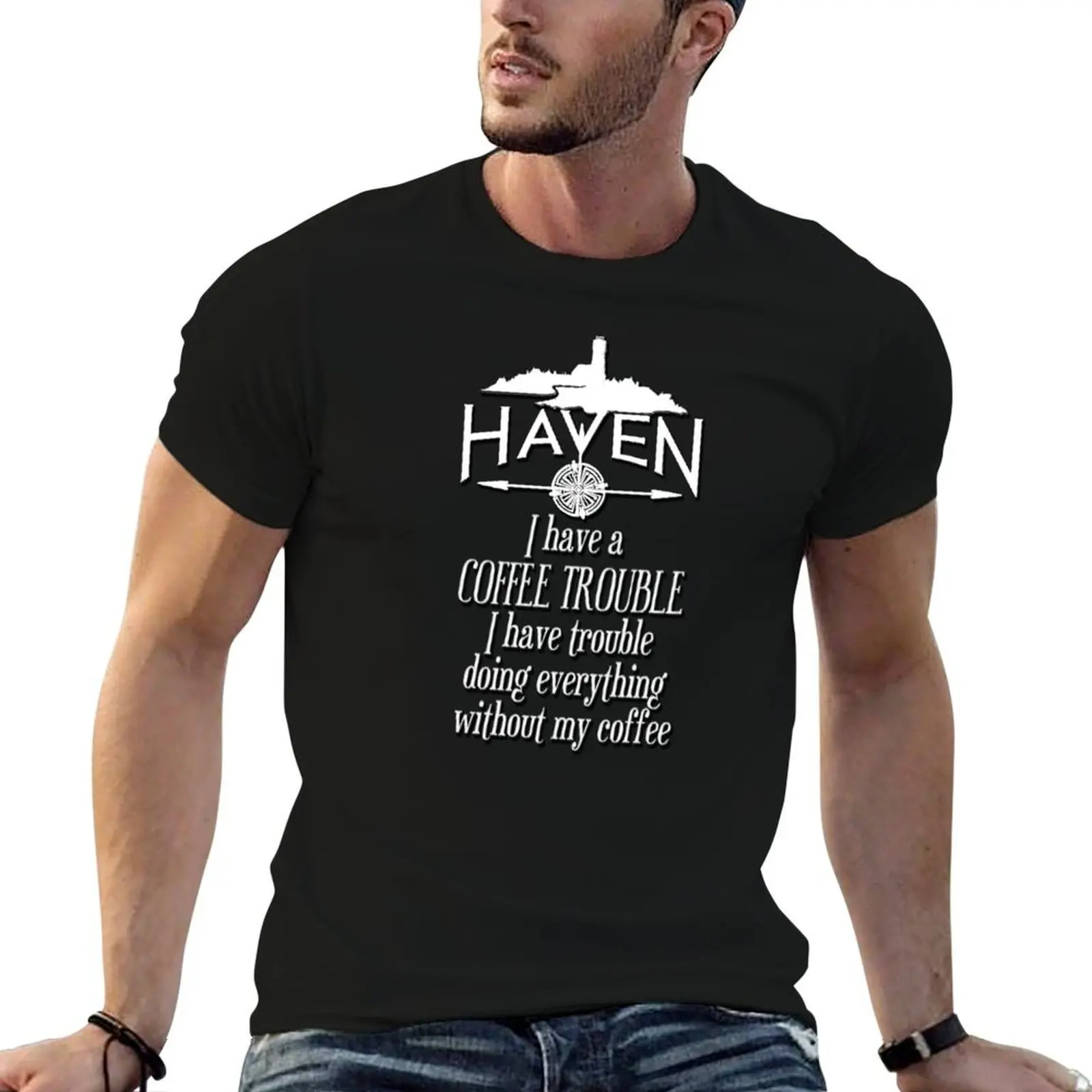 Фото Футболка Haven Coffee Trouble Humor с белым логотипом, хлопковая футболка, набор футболок, мужская дизайнерская футболка, персонализированная футболка №1