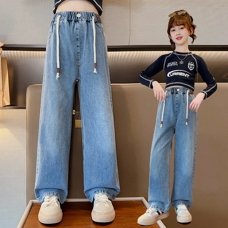 

School Girls Jeans Blue Casual Loose Straight Wide Leg Pants for Kids Spring Autumn Fashion Teen Children Trousers 8 10 12 Years