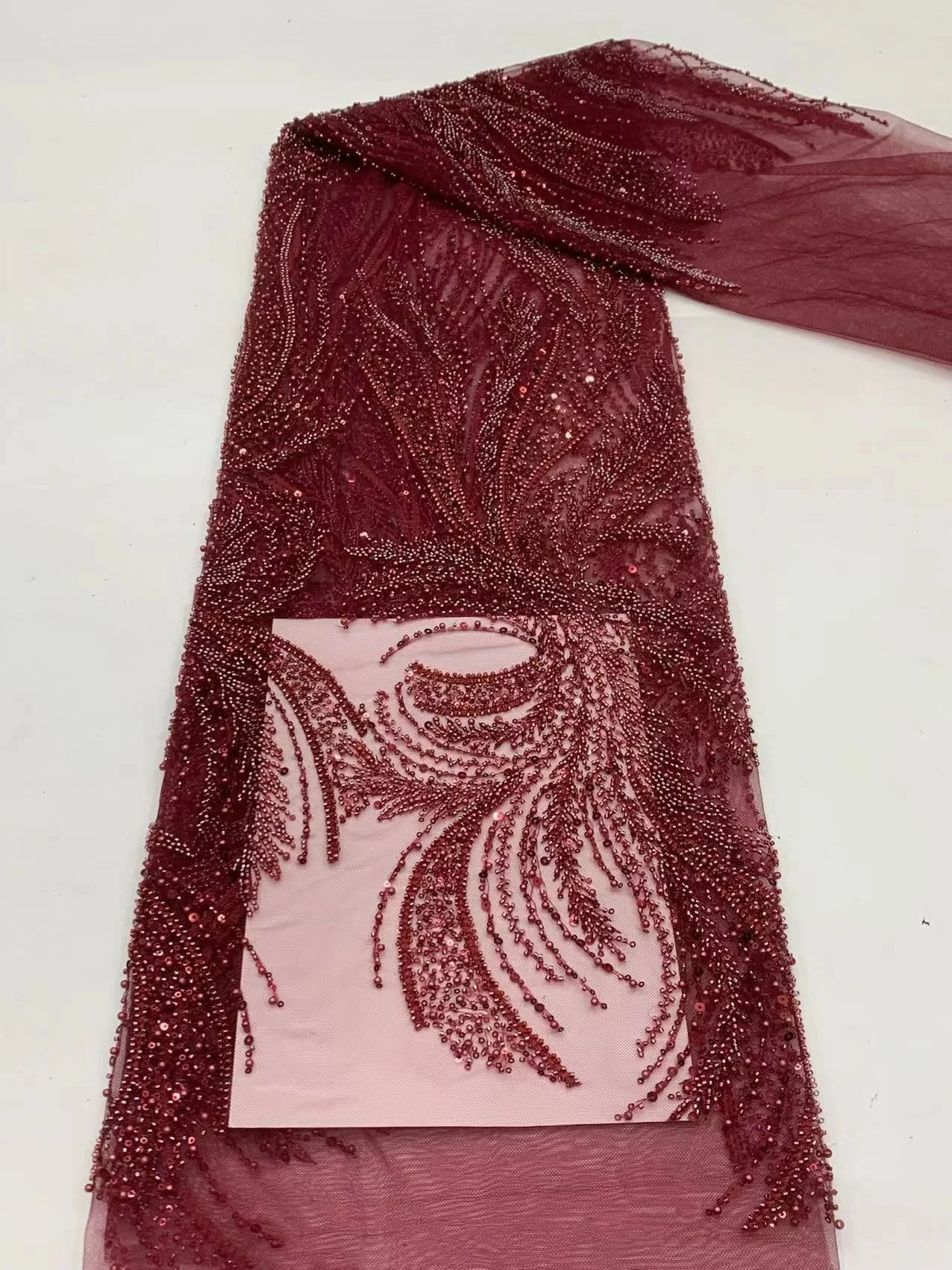 

Wine African Heavy Beaded lace fabric French sequin Lace Fabric High Quality Embroidered for Party Evening Dress