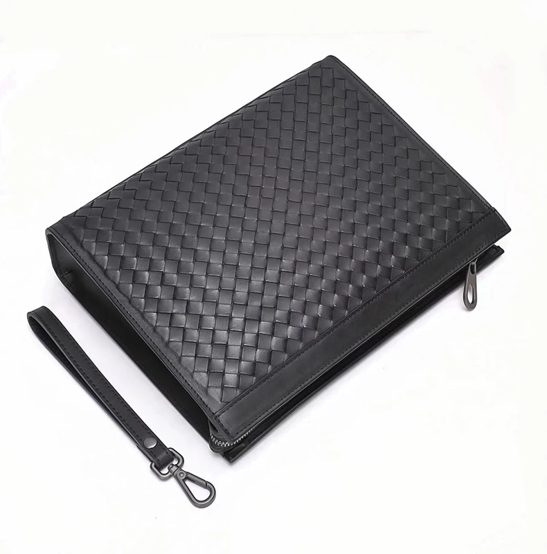 Leather Men's Luxury Design Business Handbag Wrist Strap Hand Woven Fashion Simple Large Capacity Envelope Bag