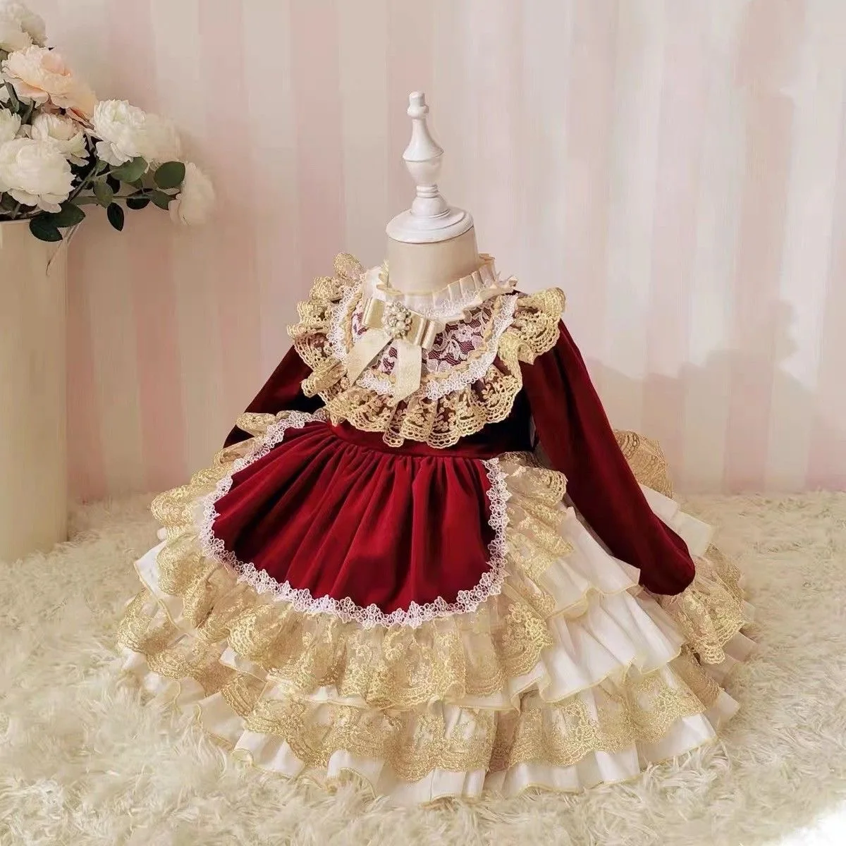 

Spanish court style baby girl velvet princess kids lace stitching Christmas party birthday ball gown dress