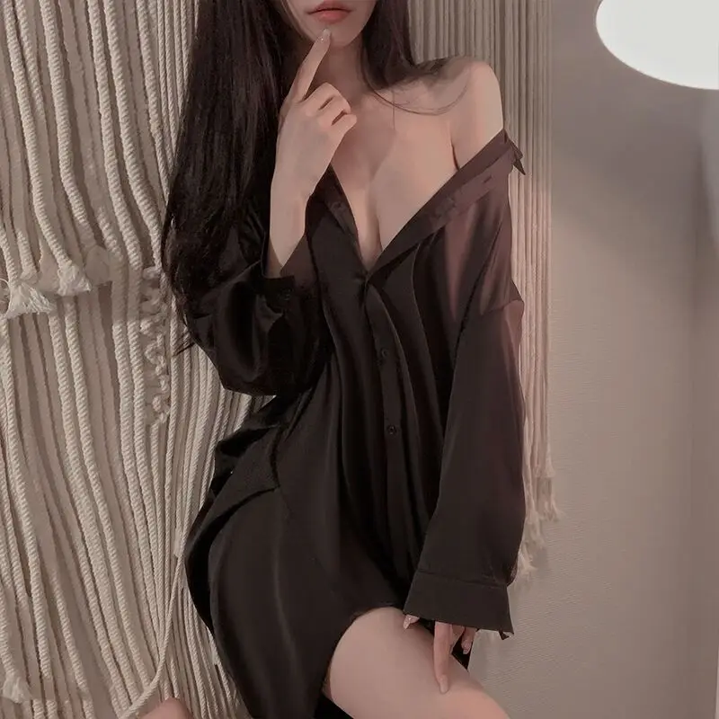 Sexy Sleepwear Lingerie Robe Pajamas Dress Women Home Wear Nightgown Silk Loose Long Sleeve Boyfriend Shirt Sleep Tops Nightwear