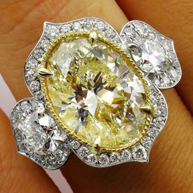 

Feminine Classical Temperament Oval Yellow Crystal Gemstone Ring Fashion Flower Jewelry Engagement Wedding Ring Party Gift