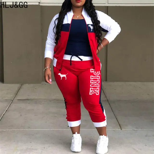HLJ&GG Casual Sporty Two Piece Sets Women Zipper Long Sleeve Top + Jogger Pants Tracksuits Spring PINK Letter Print 2pcs Outfits 1