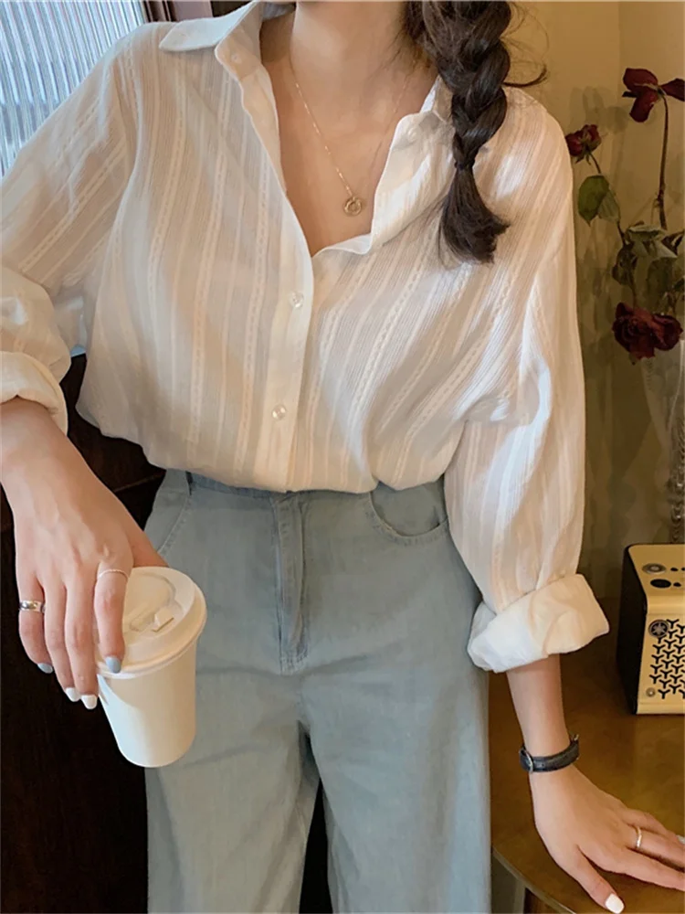 

Shirt French Striped White 2022 Spring And Autumn Shirt All-match Top Design Sense Niche Long-sleeved Shirt Korean Fashion