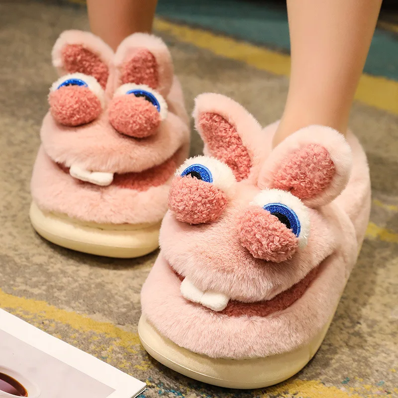 

Winter Fashion Ladies Creative Cute Bucktooth Rabbit Short Plush Thickened Cotton Slippers Home Indoor Warm Non-Slip Slippers