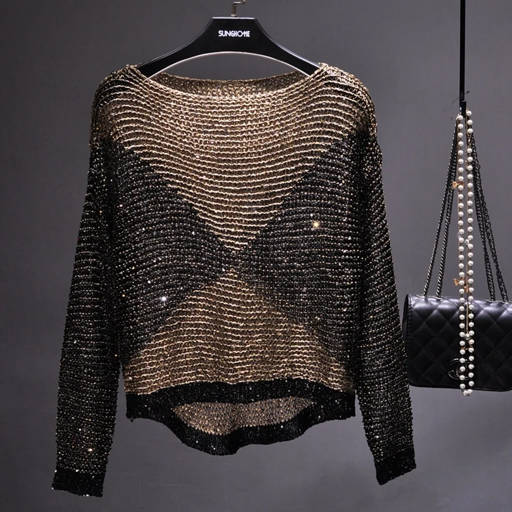 

European and American Hollow Sequins Loose Knitted Pullover Bright Silk Bottoming Shirt Long-sleeved Round Neck Stitching Top