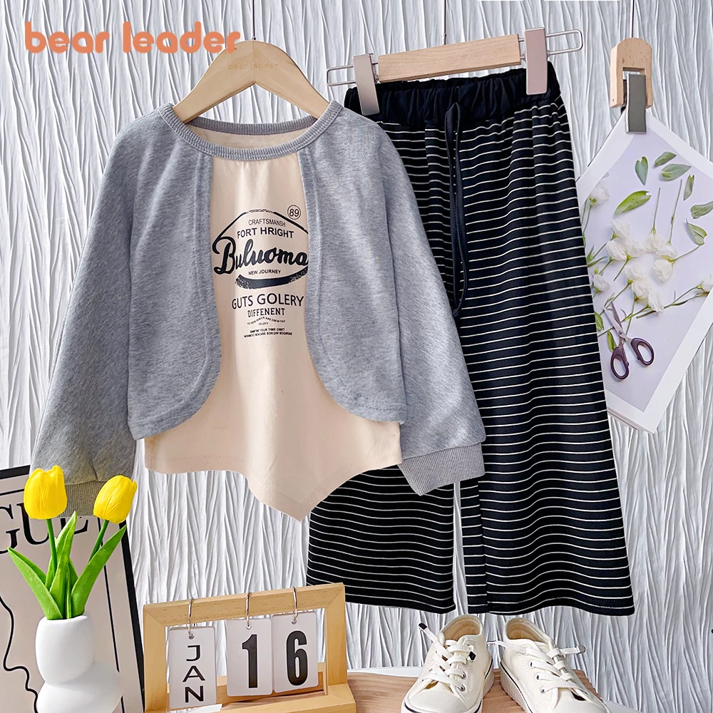 

Bear Leader/осенний комплект для девочек, новинка 2023 года, футболка с длинными рукавами и круглым вырезом и буквенным принтом + футболка, модный детский комплект из двух предметов