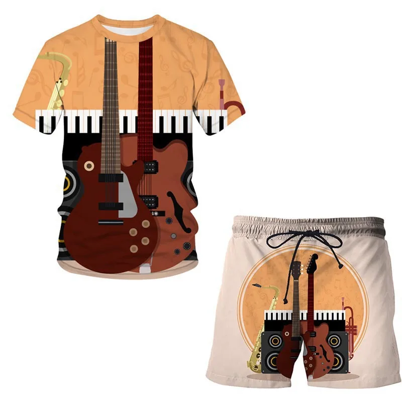 2023 Summer New Instrument Guitar 3D Printed Casual Men's Suit Short sleeve T-shirt + Sports Shorts 2-piece Sets O-Neck Loose
