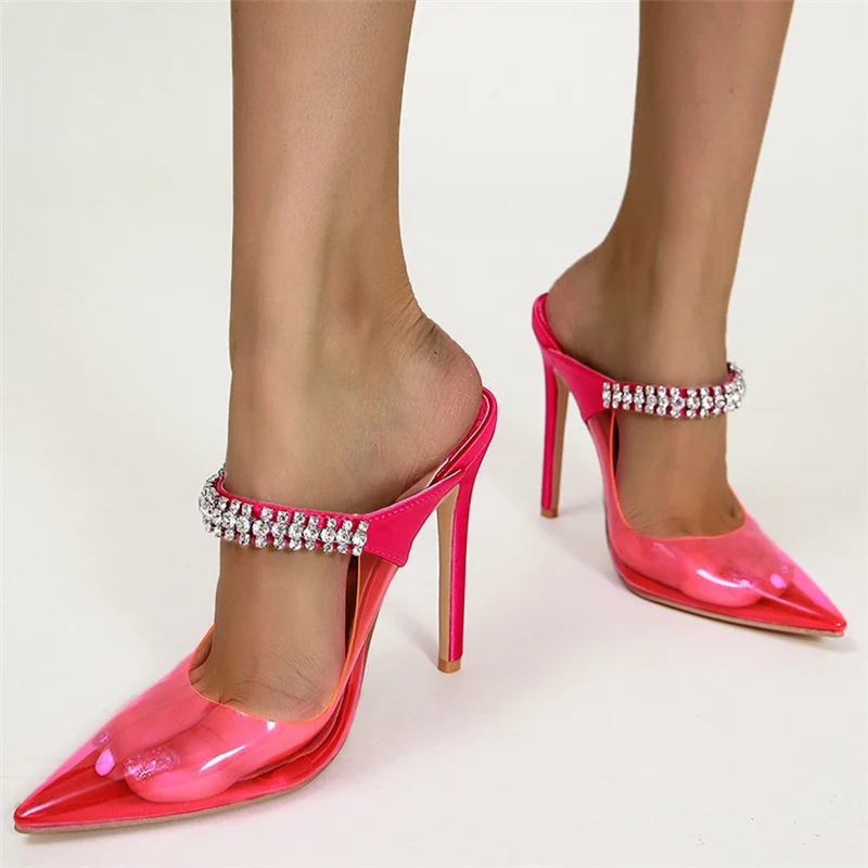 

2022 New Summer Fashion Ladies Slippers Pointed Toe Stiletto Jelly Sandals Transparent PVC Rhinestones Elegant Women Slippers