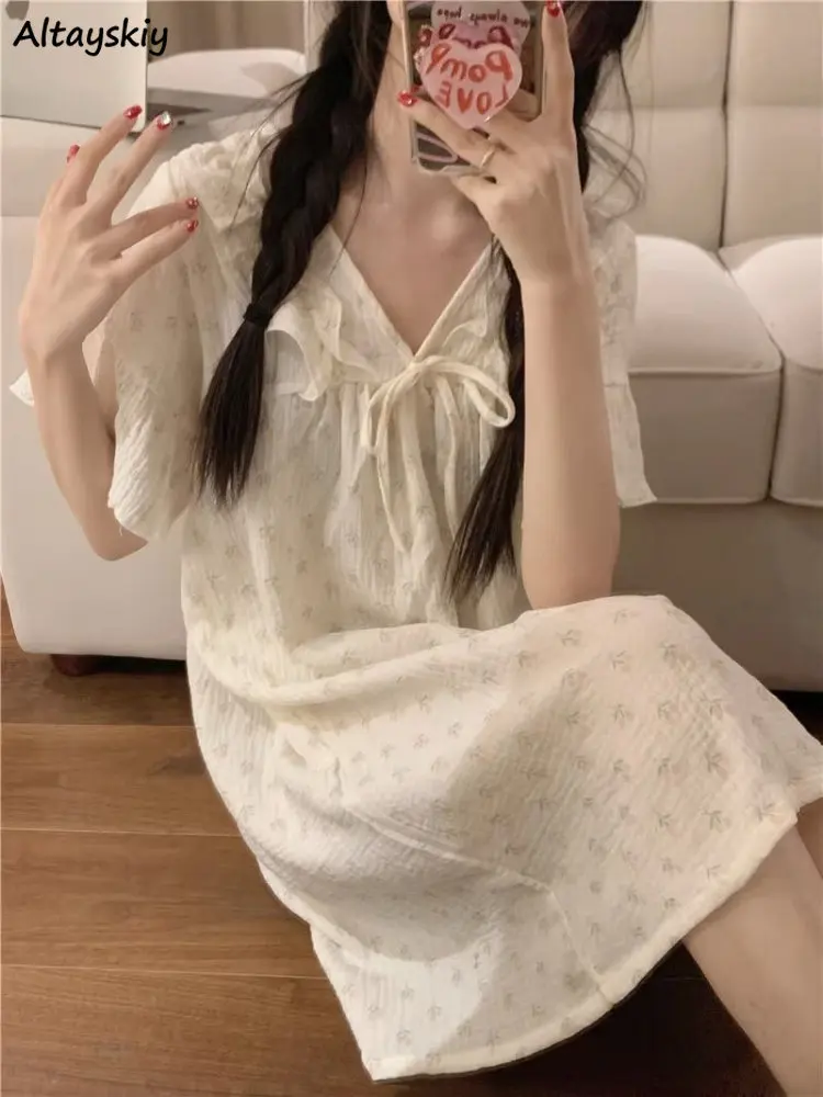 

Floral Nightgowns Women Sweet Summer Korean Style Loose Fashion V-neck Girlish Tender Vintage Chic Breathable Sleepwear College
