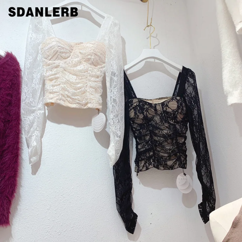

Autumn New Tops Korean Style Mesh Stitching Long Sleeves Square Collar Slimming Sexy Lace Shirt Women's Inner Wear Blouse