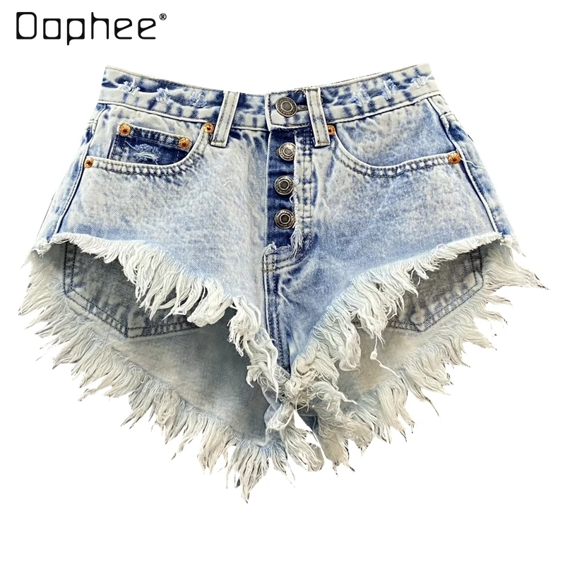

Women's Shorts Summer High Waist Single-Breasted Wide Leg Hot Pants Ripped Fringed Burr Denim Short Femme Ropa Mujer