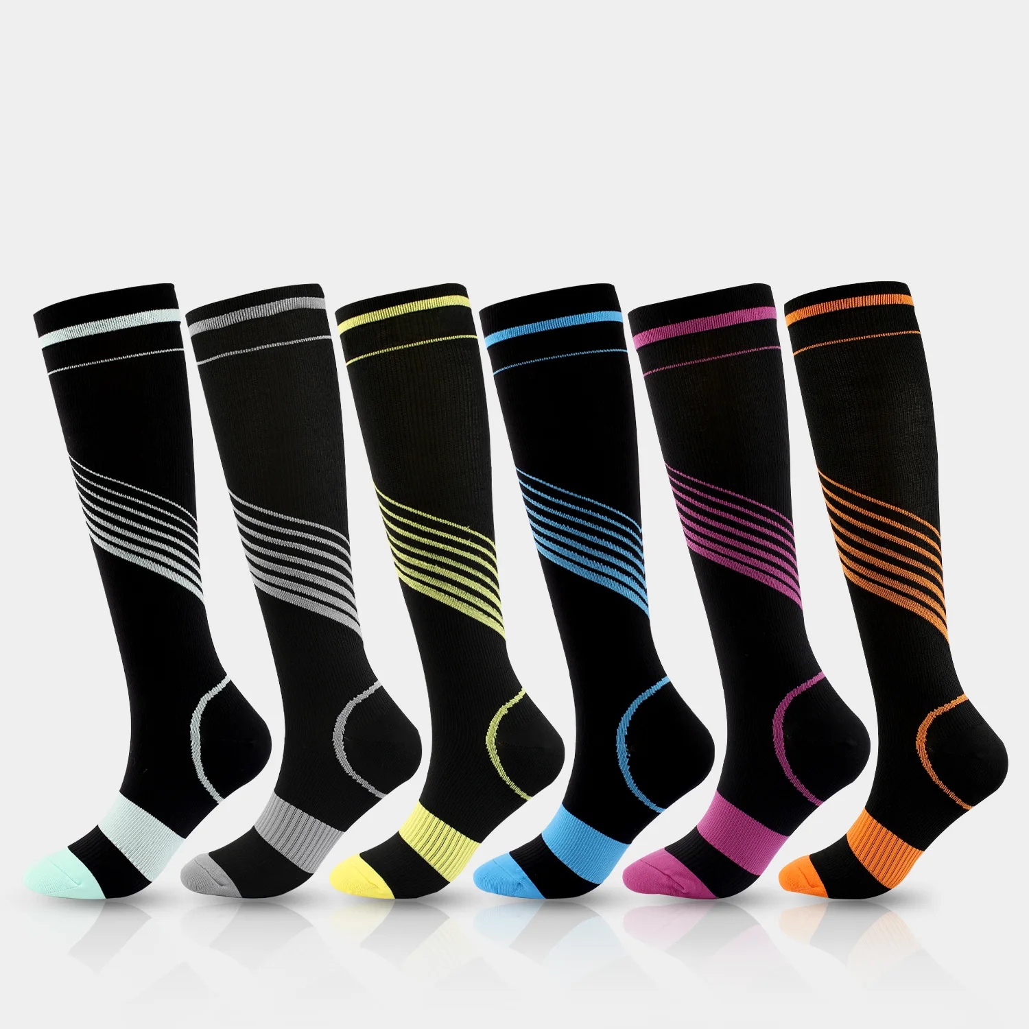 

New Compression Socks Hot Sale Color Striped Men and Women Sports Stretch Calf Socks Color Matching Nylon Running Quick-drying