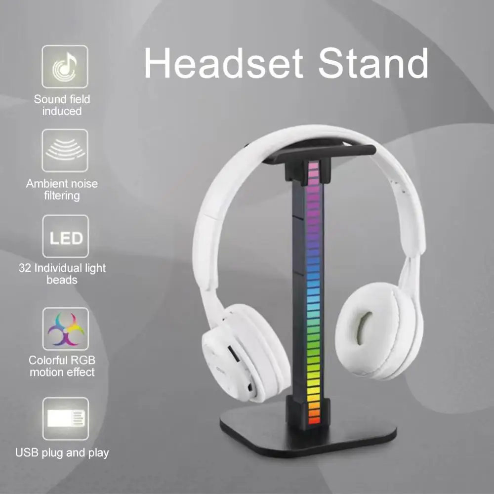 

Usb Ports Rgb Headset Stand Rhythm Light With Led Base Headphone Stand Oice-activated Earbuds Hanger Headset Stand Accessories