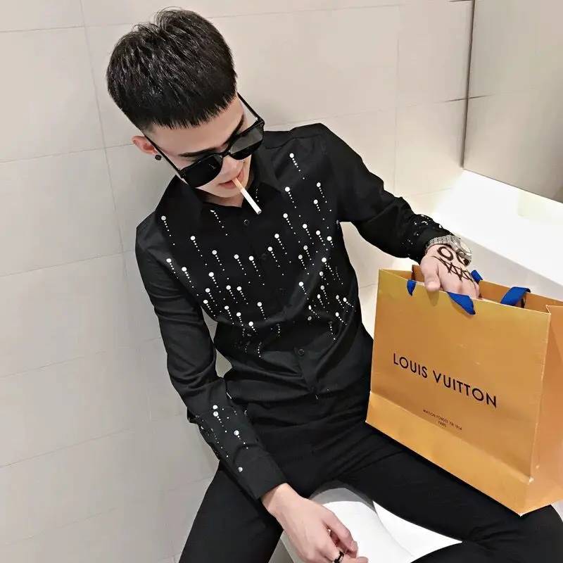 Men's shirt spring and autumn long sleeve slim print shirt trend personality nightclub stylist fashion clothing