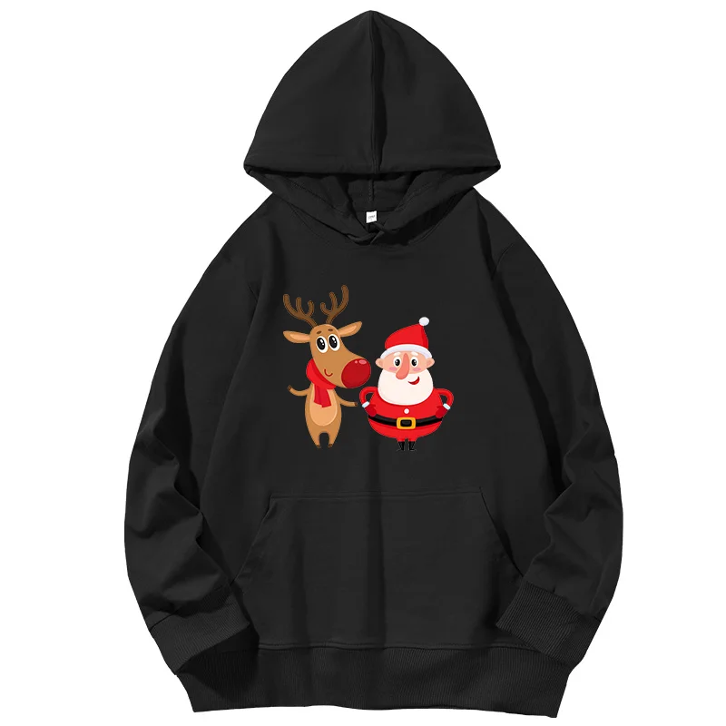 Funny Santa Claus and Reindeer in Red Scarf Standing Together Celebrate Christmas hoodies women graphic Hooded sweatshirts