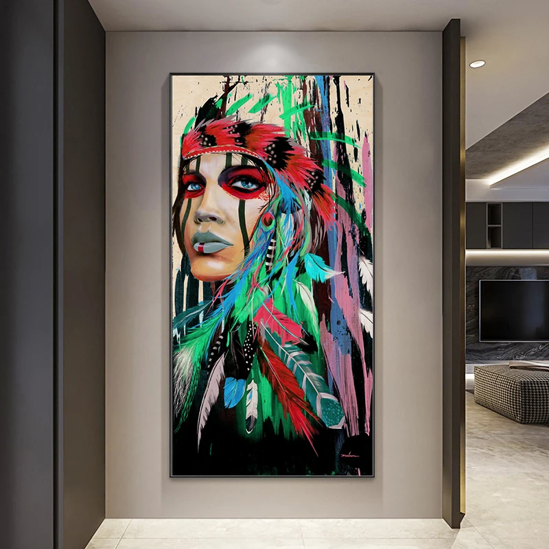 

Watercolor Feather Indian Woman Canvas Poster Decor Paintings Wall Art Posters Prints Woman Portrait Pictures Home Decoration