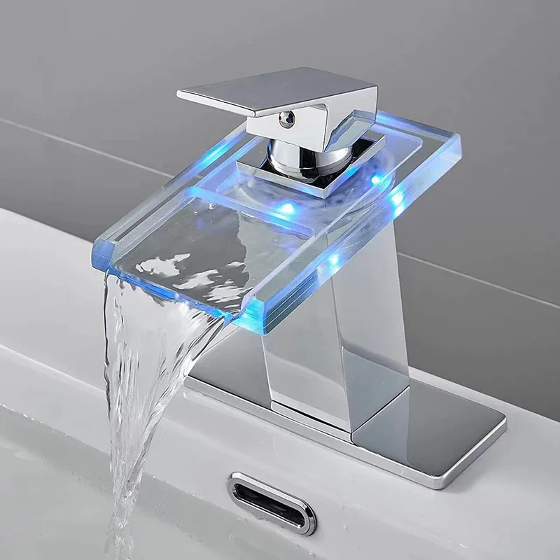

Bathroom Faucet Glass Basin Mixer Water Tap LED Luminous Color Changing Hydro Power Black Waterfall Basin Faucet Stainless Steel