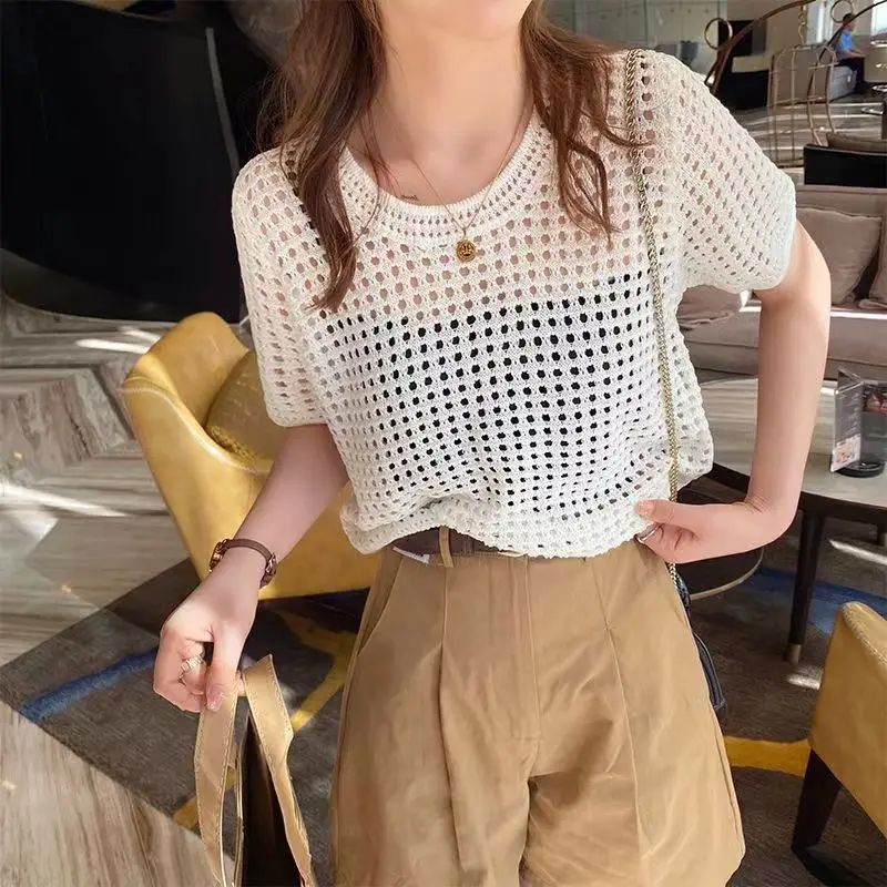 

TFETTERS New Hollow Out Tops Women Summer 2023 O-Neck Collar Short Sleeve Knitwear Loose Solid Color Casual Fashion Women Clothe