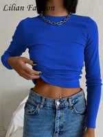 women green crop top y2k basic ribbed blouses slim fit knit crewneck long sleeve short shirts for casual 2022 spring autumn new