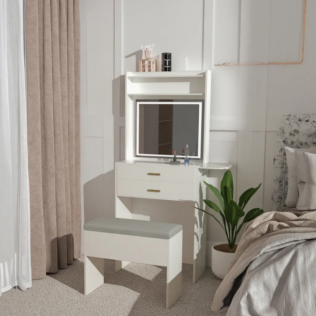 Фото Для Günstige Schlafzimmer Krankbel Einfacher Holz Make-up Tisch mit Spiegel LED-Streifen Schlafzimmer Waschtisch Schmink tisch №2