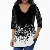 female 2022 spring summer top v neck half sleeve lace splice floral print boho women t shirt crochet hollow out stylish pullover
