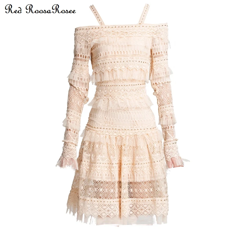 

Red RoosaRosee Luxury Beads Water Soluble Ruffle Short Sexy Strap Mesh Skirt Fashion Summer 2022 Women Lady Twinset Suit Female