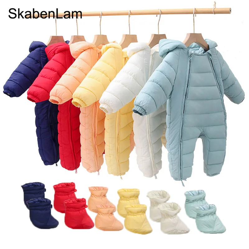 

2023 Baby Winter Jumpsuit for Boys Girls Down Cotton Padded Overalls with Boot Newborn Hooded Snowsuits Coat Kids Outerwear