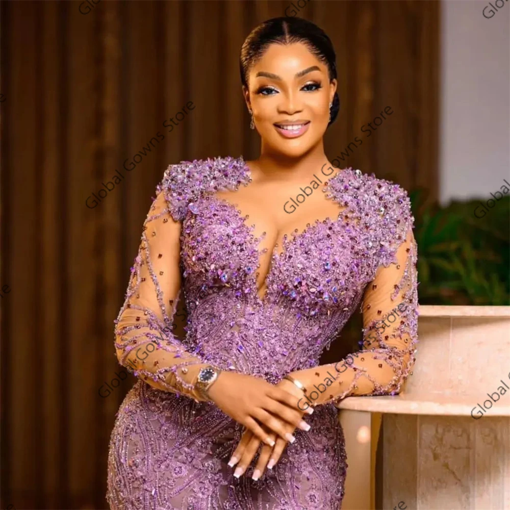 Фото Фиолетовые бусины Aso Ebi Вечерние платья Аппликации с длинными рукавами Платье на день рождения Женское платье 2024 для особых случаев по индивидуальному заказу №3