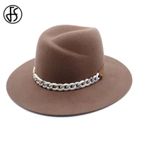 fs wool jazz top hats for gentleman sombreros with chain large brim felt caps autumn winter outdoor outing keep warm mens cap