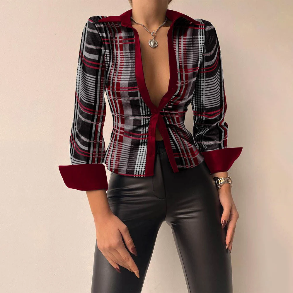 

Fashion New PU Splicing Print Shirt Women Spring Autumn Laple Long Sleeve Single Breasted Slim Blouses Blusas Mujer De Moda 2023