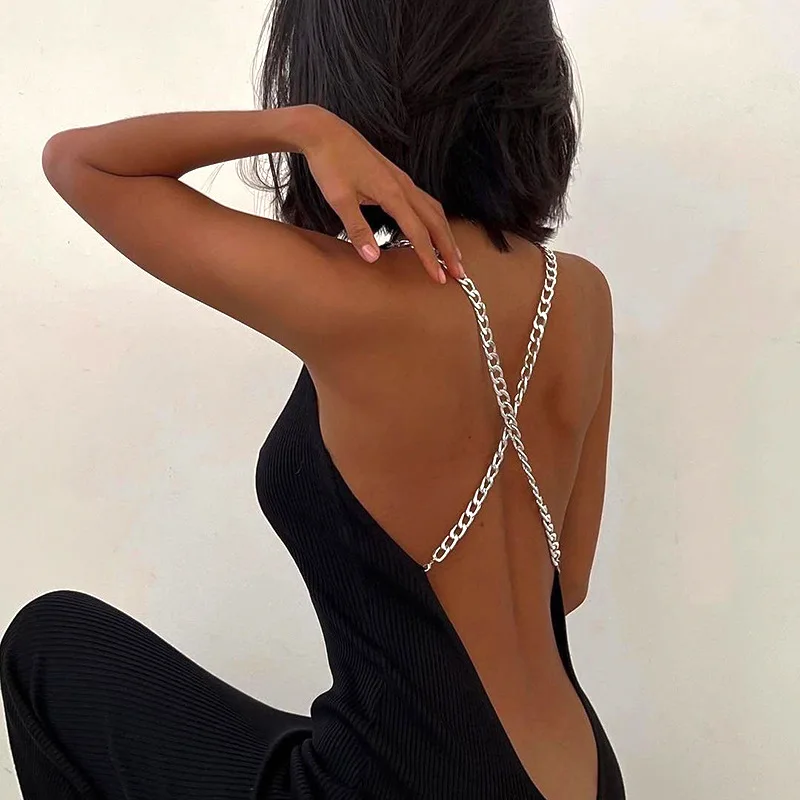 

Ahagaga European and American Hot Girl Style Sexy Backless Cross Chain Strap Dress Fashion Casual Slim Fit Long Dress