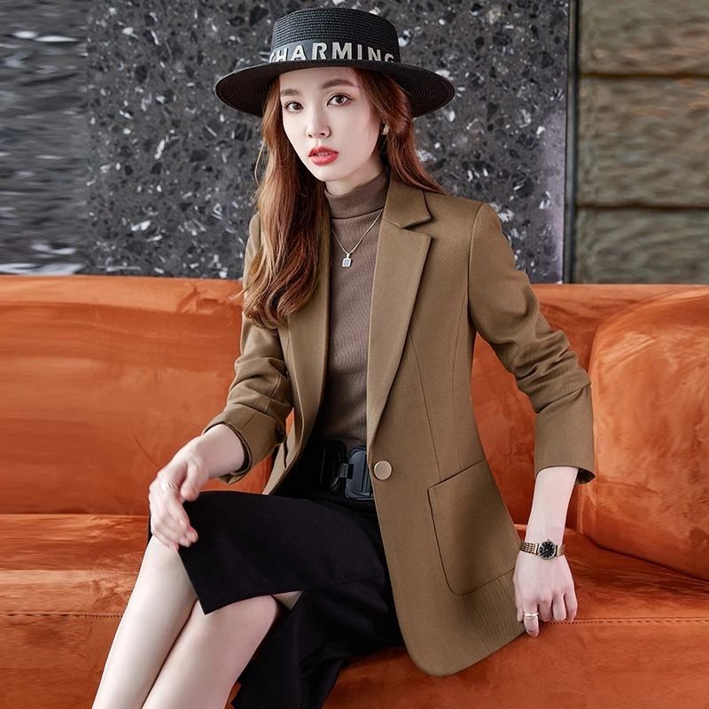 

Coffee Autumn Winter Large Ladies Professional Office Lapel Cardigan Suit Jacket Casual Blazer Women Work Coat Solid Blazers