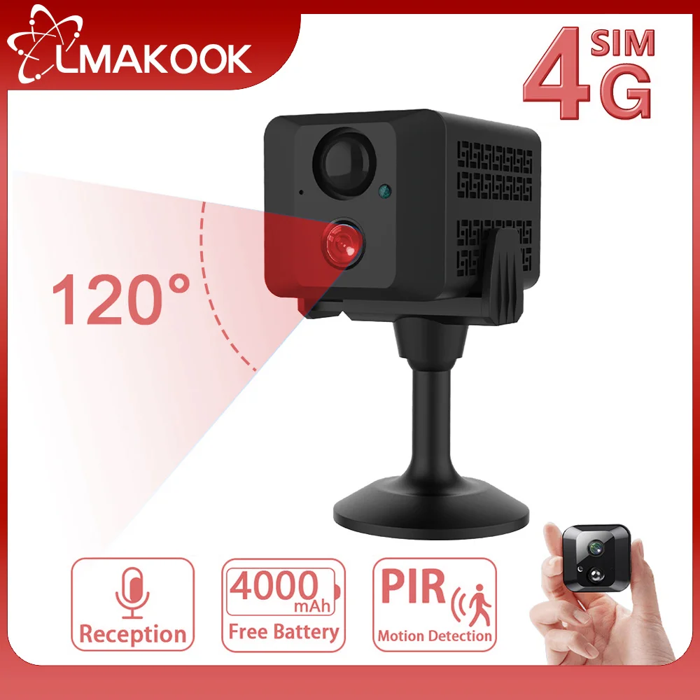 LMAKOOK 4K 8MP 4G Mini Camera PIR Motion Detection Built-in 4000mAh Battery WIFI Security Surveillance Camera IR Night Vision
