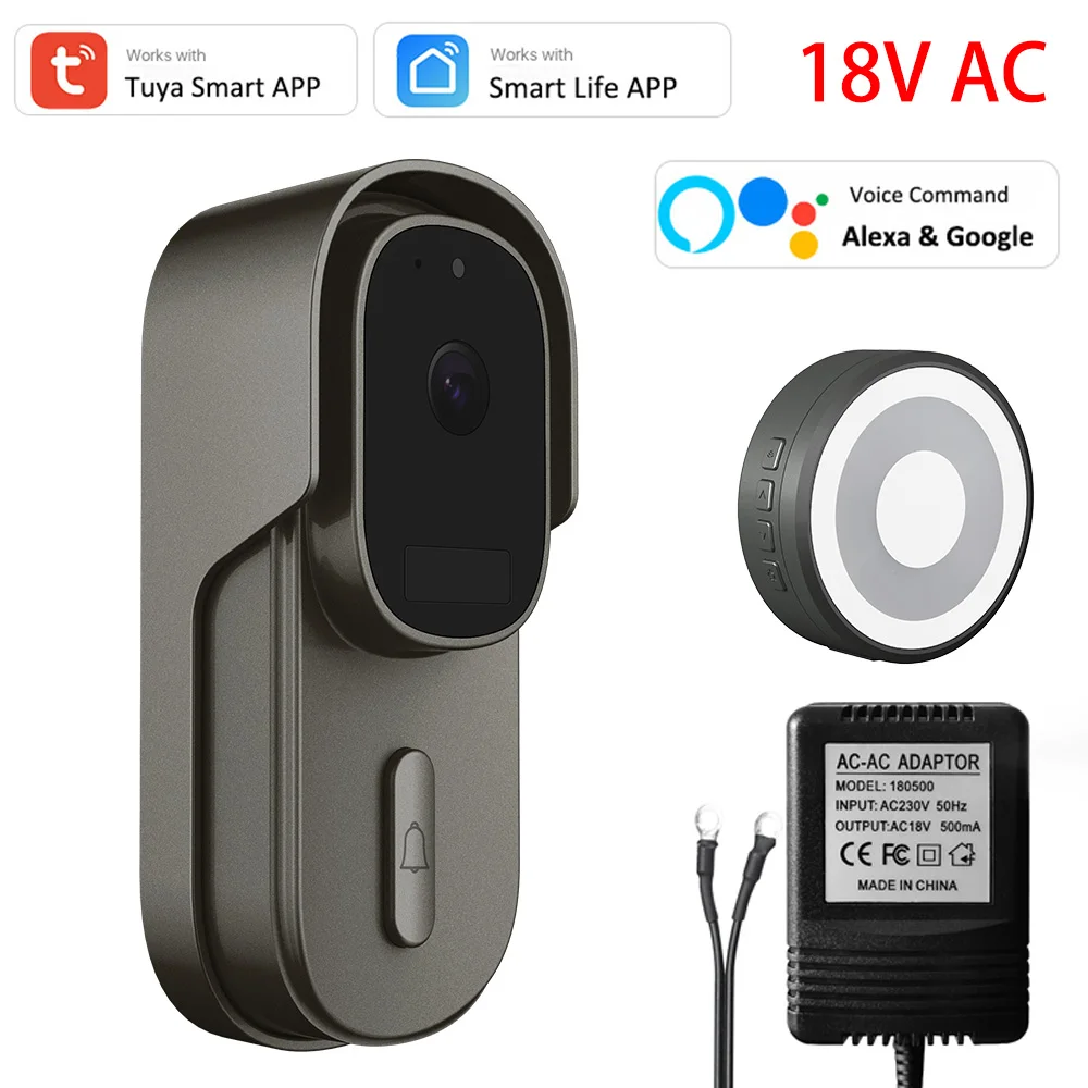 Tuya 1080P WiFi Video Wired Doorbell Camera 170° View Motion Detect Alexa Google Cloud Door Bell with Chime 18V AC Plug Included