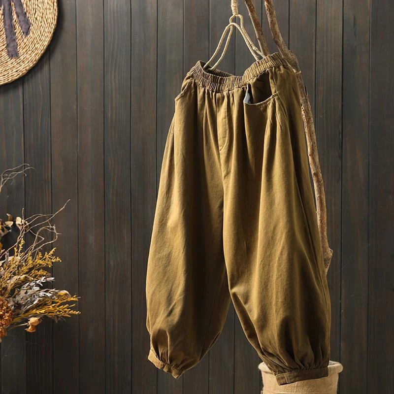 

2022 Spring New Korea Fashion Women Elastic Waist Loose Ankle-length Pants 100% Cotton All-matched Casual Solid Harem Pants C234