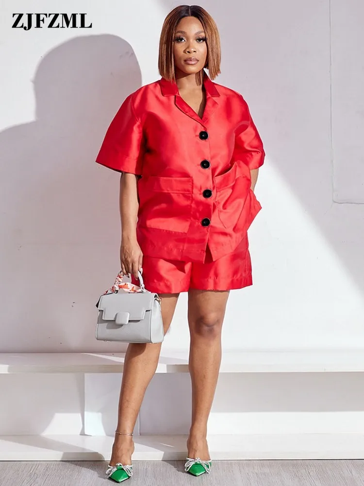 

Women Satin Two Piece Short Sets Casual Summer Single Breasted Short Sleeve Shirt Jacket+formal Short Pant Streetwear Outfits