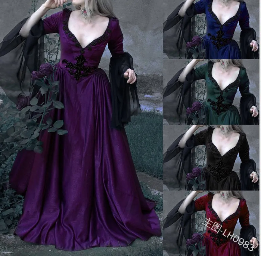 

2022 Halloween Women Vampire Queen Cosplay Costume Masquerade Vitch Vampire Black Gothic Lace Stitching Long Court Dress
