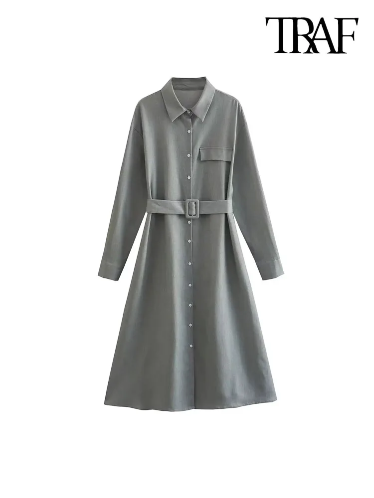 

Платье-рубашка средней длины с поясом и длинным рукавом, на пуговицах