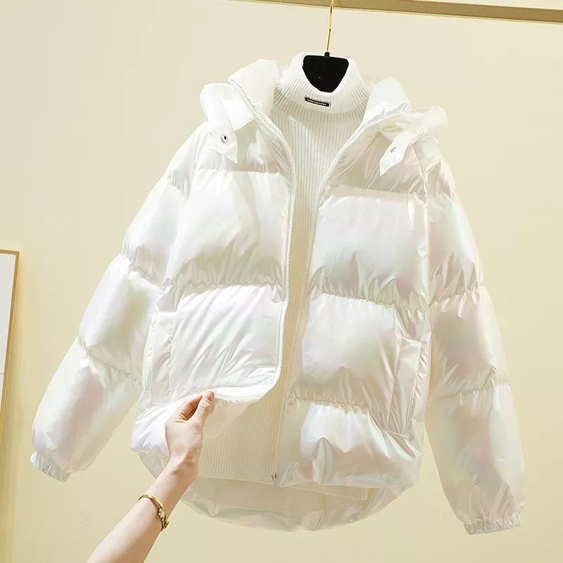 Cotton Jackets Korean Women Short Shiny Down Padded Parkas Loose Casual Warm Female Hooded Bread Cotton Coats LJ3381