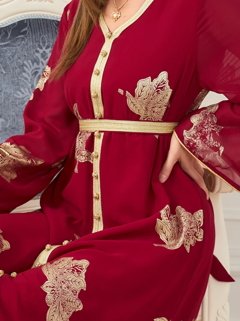 Dresses For Women 2022 Autumn Muslim Fashion Dubai Abaya Printed Button Tape Trim Belted Kaftan Split Hem Party Dress