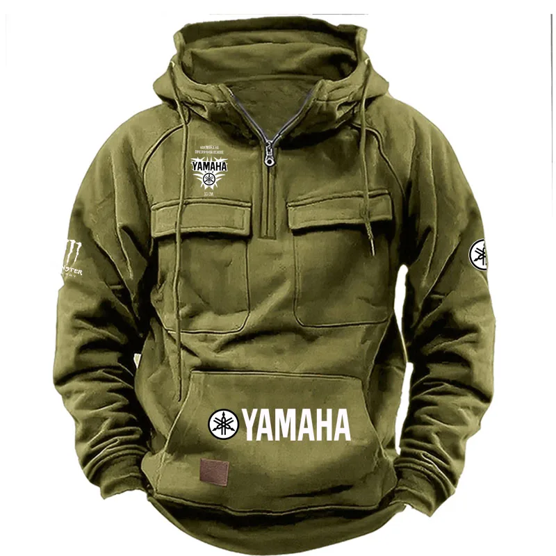 Фото Мужская свободная толстовка с капюшоном и логотипом Yamaha, на флисовой подкладке, с множеством карманов, в американском ретро-стиле, для весны, осени и зимы, повседневная верхняя одежда №4