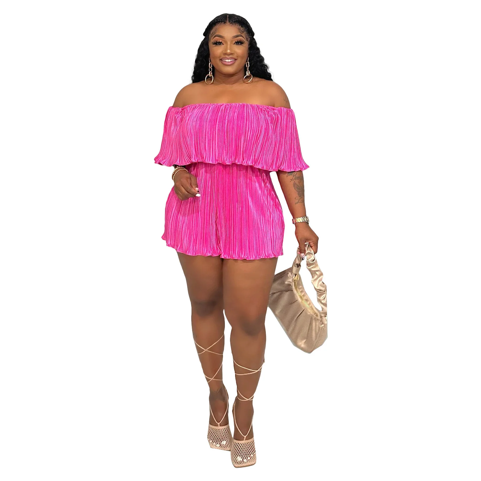 Plus Size Overalls 2023 New Comfor Sexy Off Shoulder Pleated Jumpsuit And High Waisted Short Sleeves One-shoulder Women's Pants