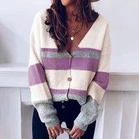 colorblock knitted cardigan 2022 autumn and winter new v neck button striped sweater womens coat