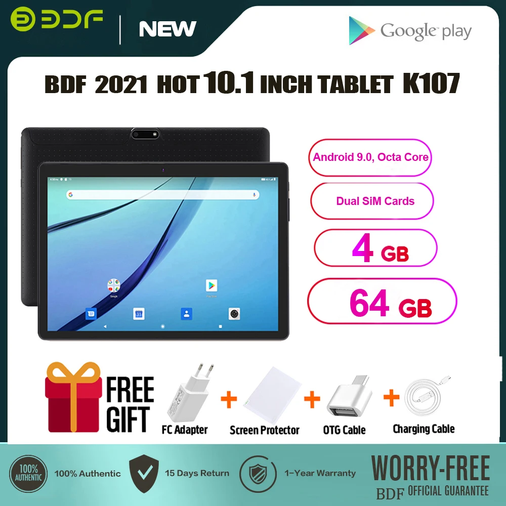 BDF New 10.1 Inch Tablet Pc Android 9.0 Octa Core Pro Tablets 4GB/64GB WiFi Bluetooth GPS Google Play SIM Cards Cheap Kids Tab