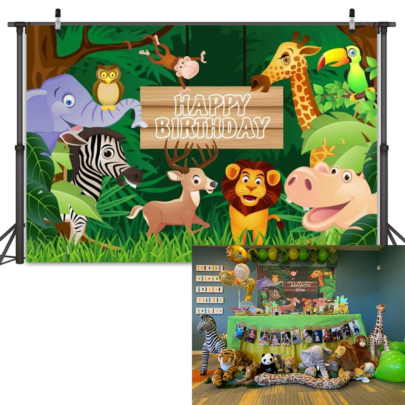 

Cartoon Safari Animals Backdrop Happy Birthday Photography Background Jungle Fauna Wildlife Zoo Themed Party Banner Photo Booth