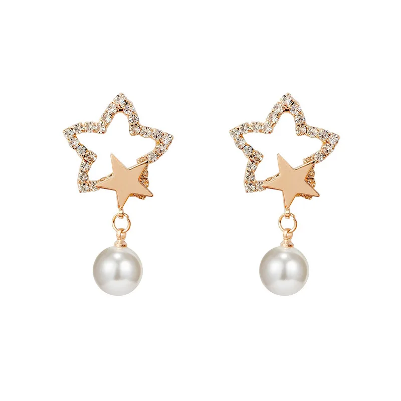 

Elegant Vivid Star Radiant Crystal Sweet Golden Pentagram White Simulated Pearl Cute Stud Earrings For Women