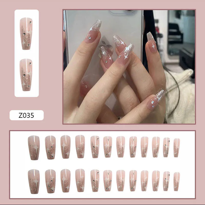 24pcs y2k Star False Nails Patch Coffin Glitter Design Wearable Press on nail Full Cover French Style Acrylic Nails Tip for Girl images - 6